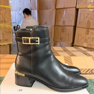 Calvin Klein Black Ankle Booties with Gold Buckle Trim